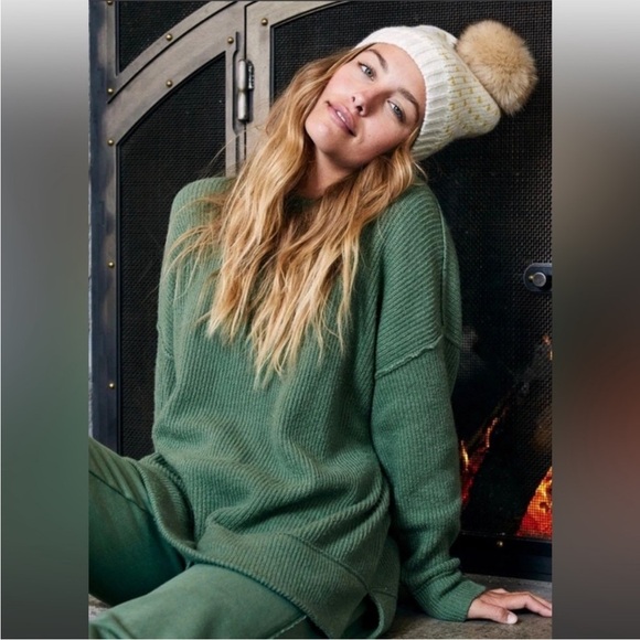 Aerie CozyUp Ribbed Green Crew Neck Chunky Knit Oversized Sweater Women’s Large - Picture 1 of 9